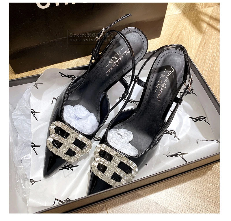 2024 New Pointed Black High Heels, Women's Thin Heels, Water Diamonds, One Line with Baotou Sandals and Button Single Shoes - reetell