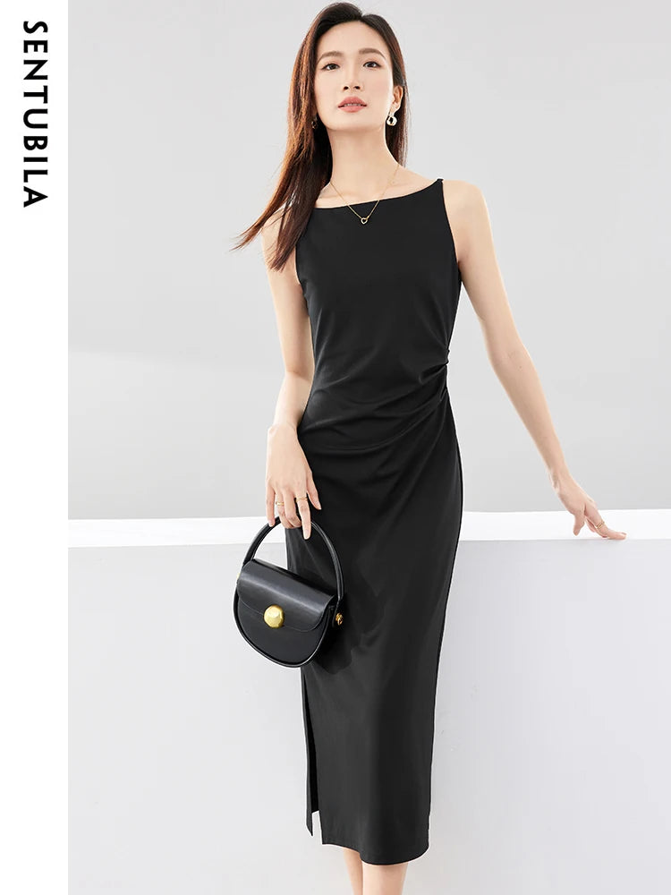 SENTUBILA Ruched Black Dress Women 2024 Spring Summer Party Slim Temperament Slash Neck Sleeveless Lady Midi Dresses Q33L52443 - reetell