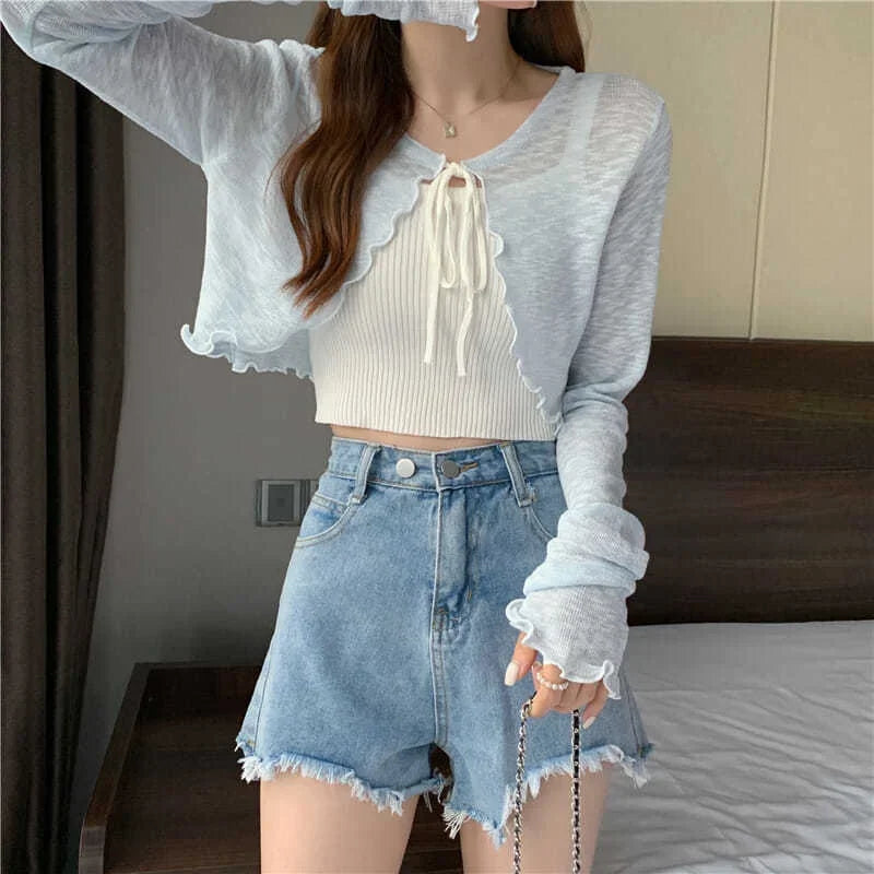 Summer Thin Outerwear Sun Protection Cardigan Ice Silk Knit Women Tops Bow Lace Up Short Suspender Skirt Shawl Airable Shirt - reetell