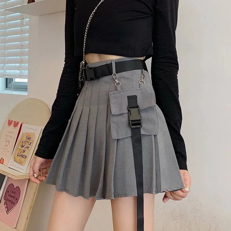 Zoki Harajuku Belt Pleated Cargo Skirt Women Fashion Gothic High Waist Pocket Mini Skirts Fashion Summer Lady A Line Black Skirt - reetell