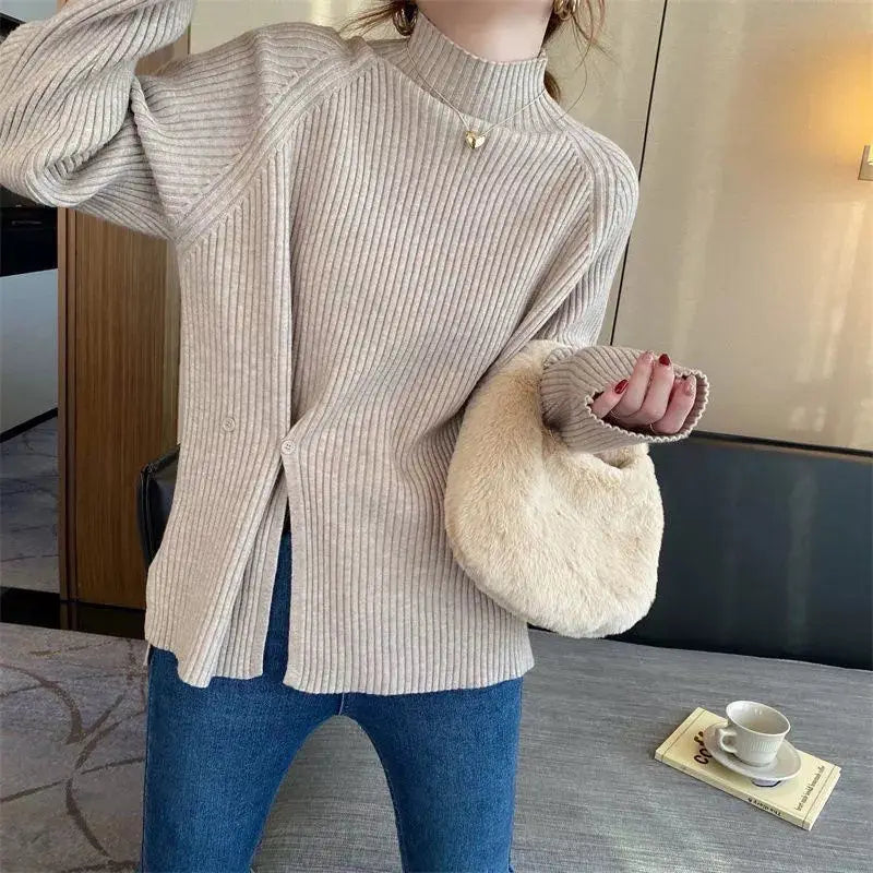 Women's Knit Sweater Off-white Loose Turtleneck Ladies PulloversButtons Slit Hot Sale Winter Offers Trend New Knitwear 2024 - reetell