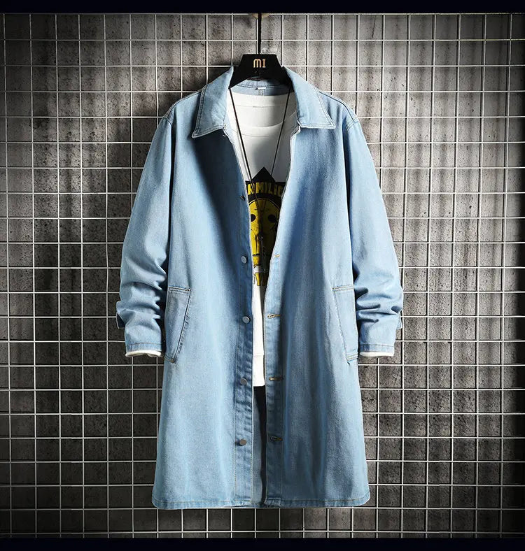 2023 Spring Men Denim Jacket Men Loose Mid-Length Denim Casual Coat Male Turn-Down Collar Trenchcoat Korean Fashion Outerwear - reetell