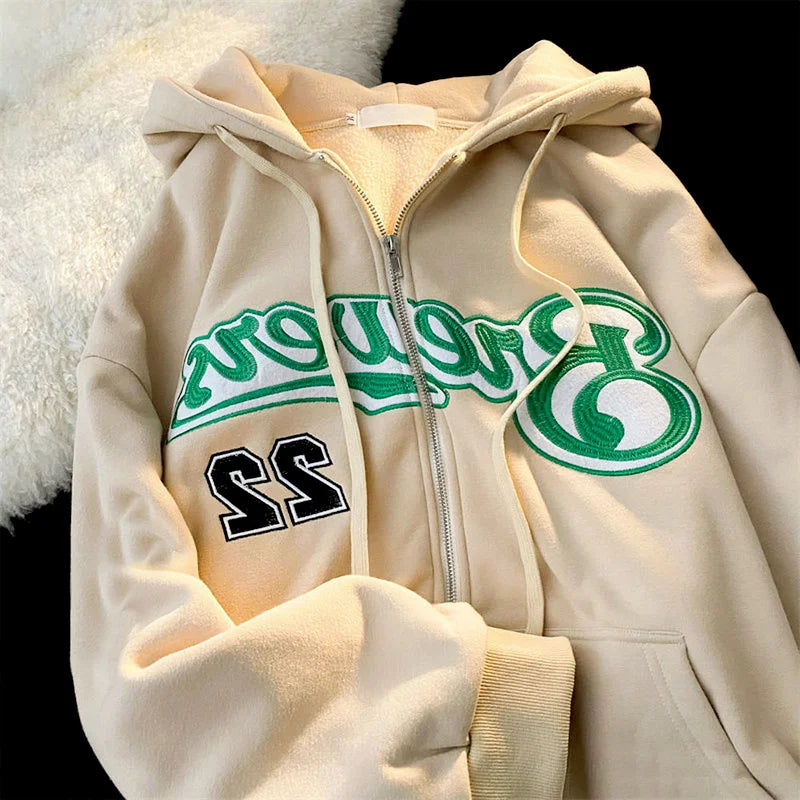 Hiphop Letter Embroidery Sweatshirt Women Autumn Harajuku Zip Up Casual Loose Hoodie Retro Long Sleeve Hooded Jacket Y2K Clothes - reetell