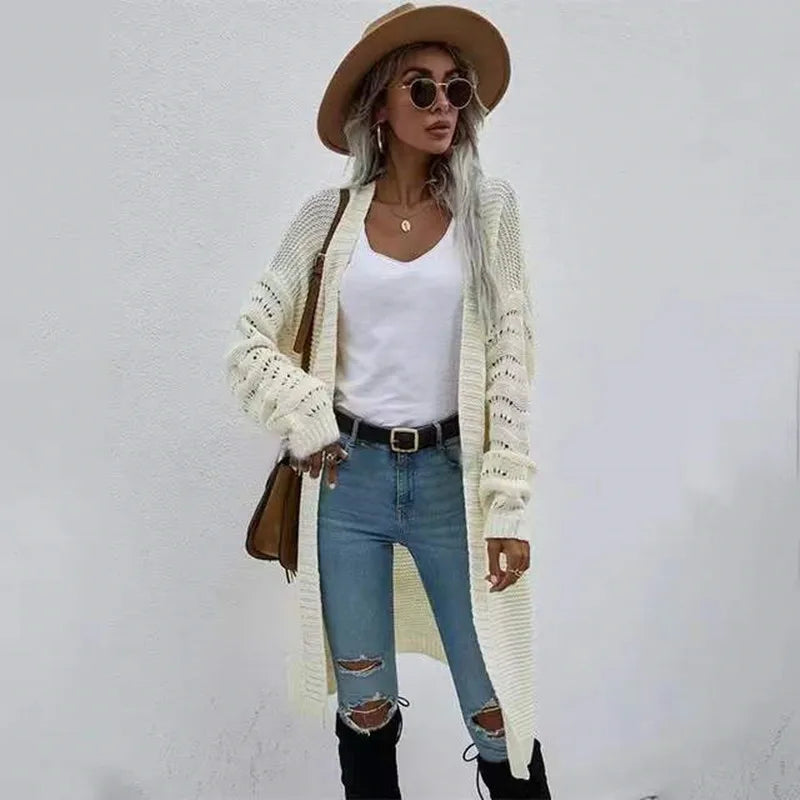 Long Cardigan Solid Color  and  Women's Spring and Autumn Knitted Fashion Sweater Outerwear  - reetell