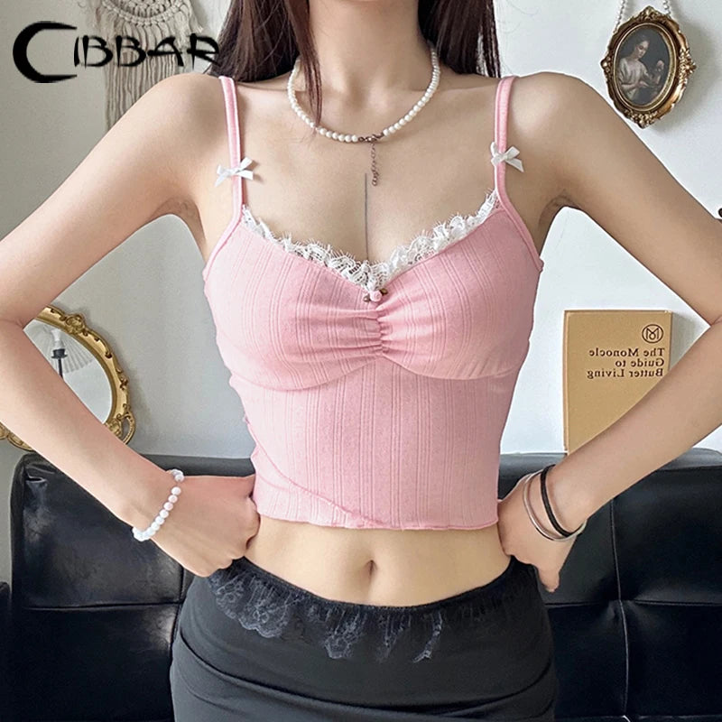 CIBBAR Sweet Fairycore Pink Camis Chic Bow Stitching Lace Sleeveless Cropped Top Women Casual Vest Summer Vintage 2000s Tee Lady - reetell