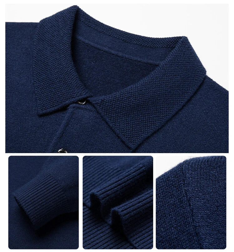 Autumn and Winter New Warm Soft Pullover Men's Business Lapel Knitwear Casual Solid Color Long Sleeve Polo Shirt Office - reetell