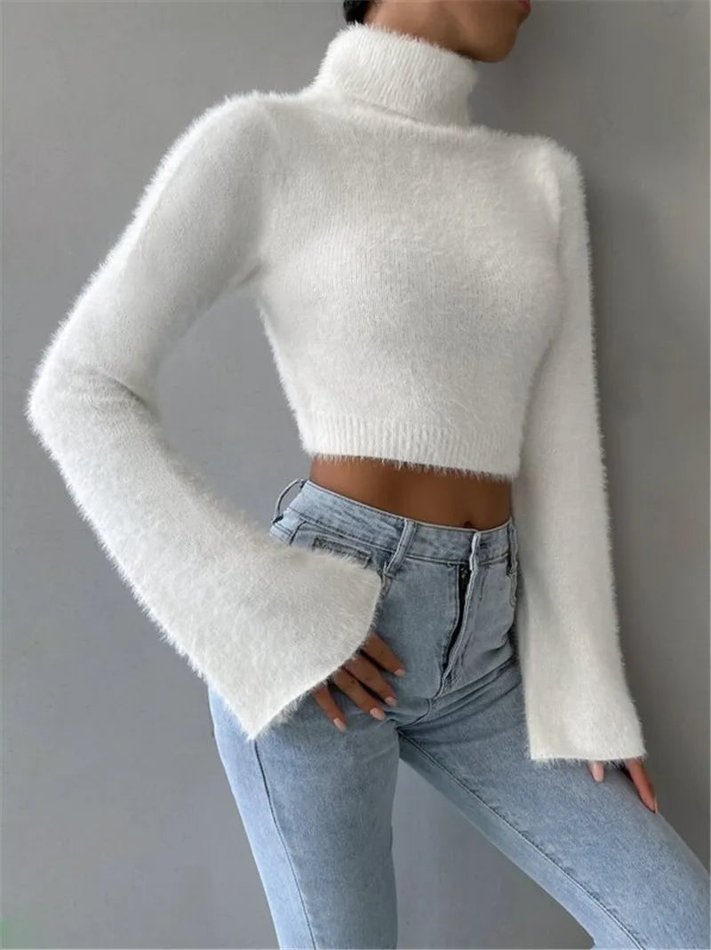 Autumn and winter Europe and the United States cross-border new Amazon turtleneck short belly button fleece sweater - reetell