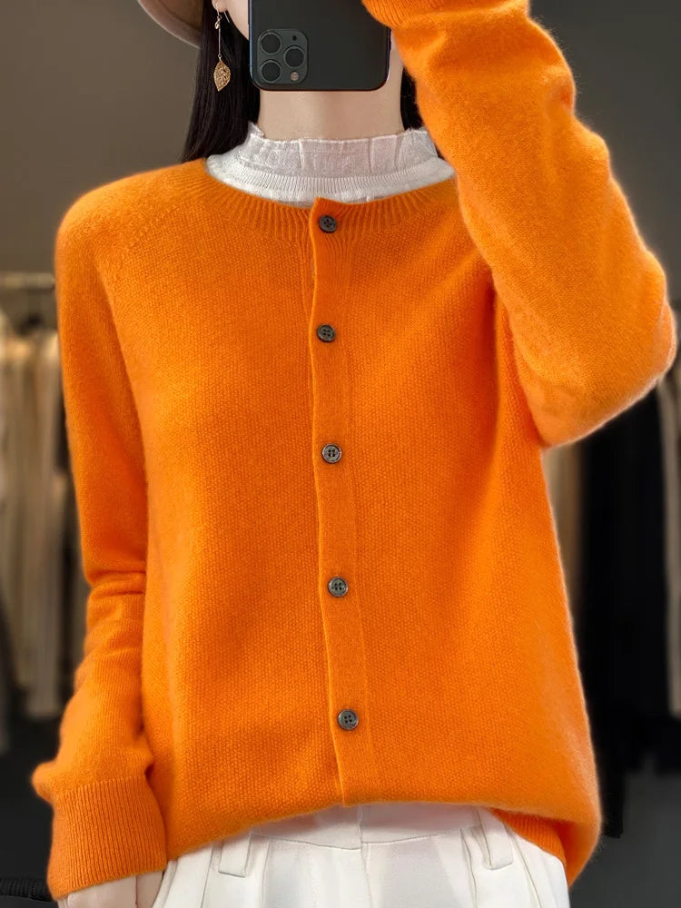 Fashion Women 100% Merino Wool Cardigans Cashmere Sweater Autumn Winter O-neck Long Sleeve Knitwear Female Basic Clothing Tops - reetell