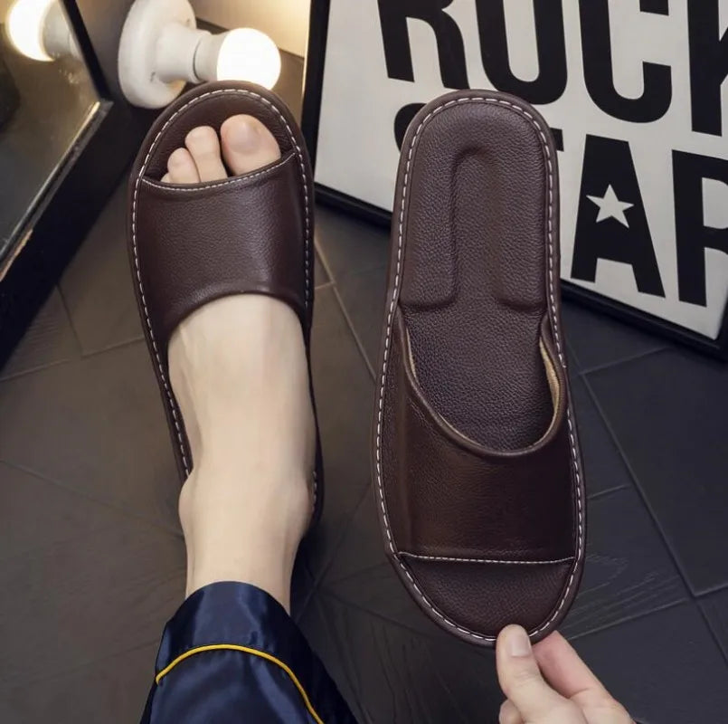 Genuine Leather Slippers Homes in indoor slipper summer open toe sandals men women elderly casual Slides shoes