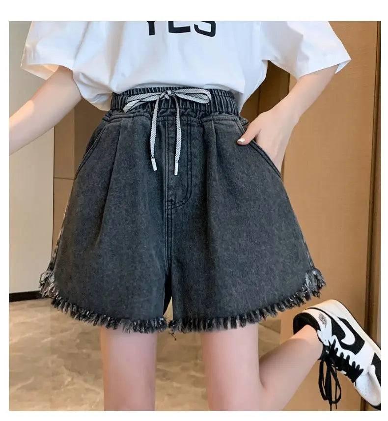 Big Size Denim Shorts Summer Thin Section Wide Leg Wide Loose Tight High Waist Female Students Fattening Women Tassel Wide - reetell