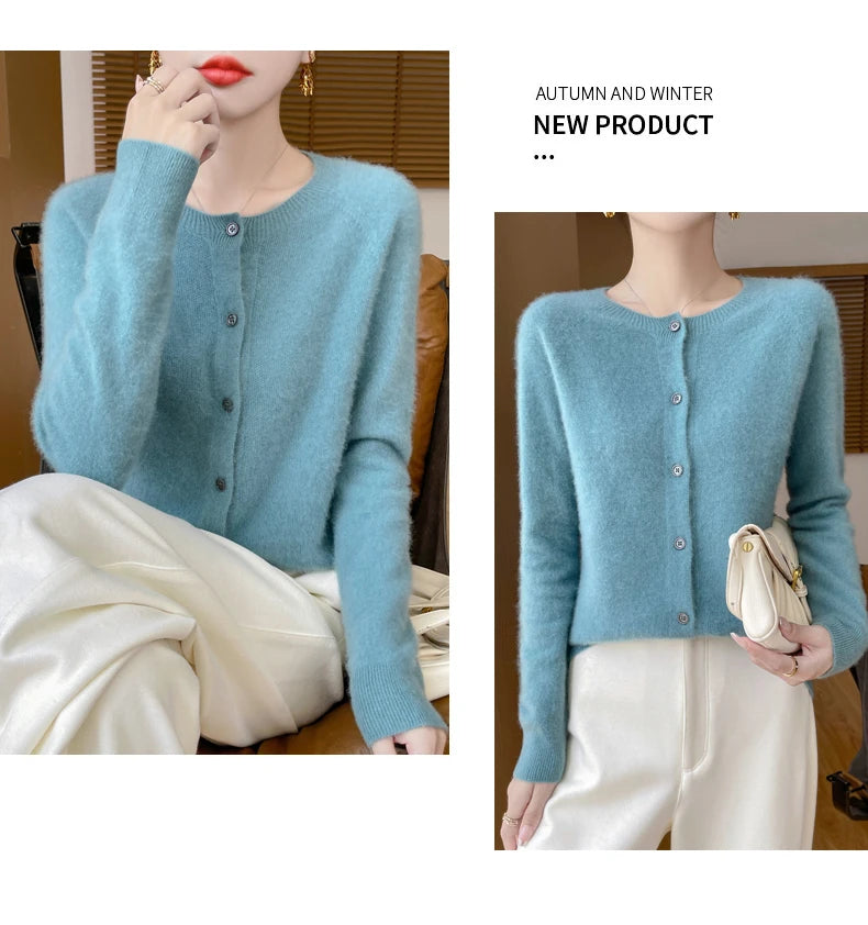 100% Merino Wool Long Sleeve Sweaters Cashmere Cardigan Spring Autumn Women O-Neck Knitwear Tops Clothing Fashion Basic Tops - reetell