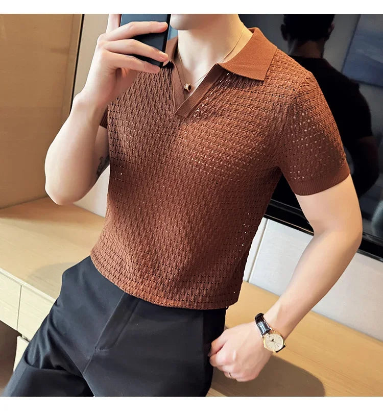 Men's Polo Shirt 2024 Summer New Light and Thin Knitted Hollow Solid Color Casual Short Sleeved V-neck T-shirt Men's Clothing