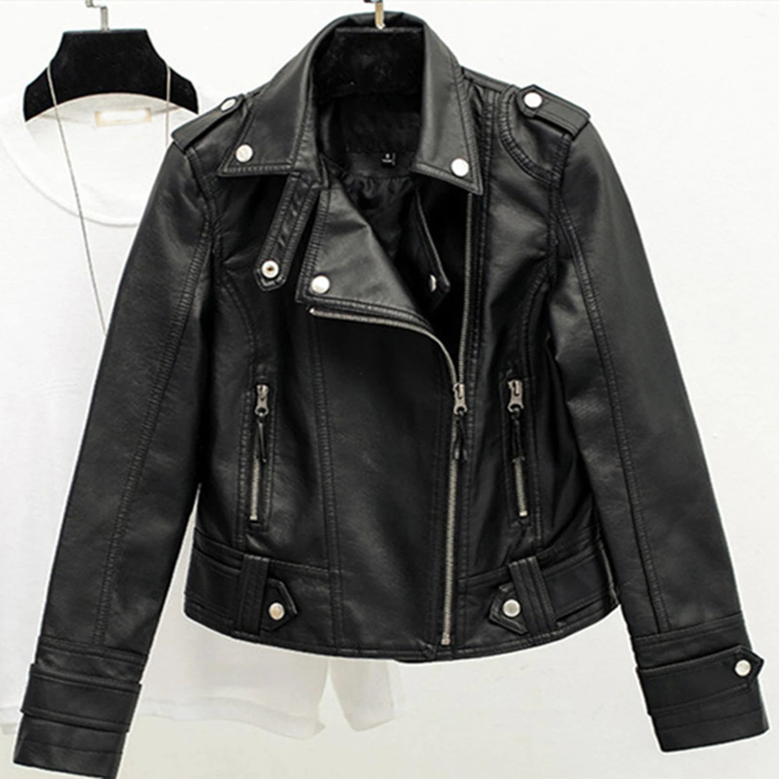 Female's Biker Lapel Jacket Waterproof Leather Jacket Cool For Daily Going Out Or At Home