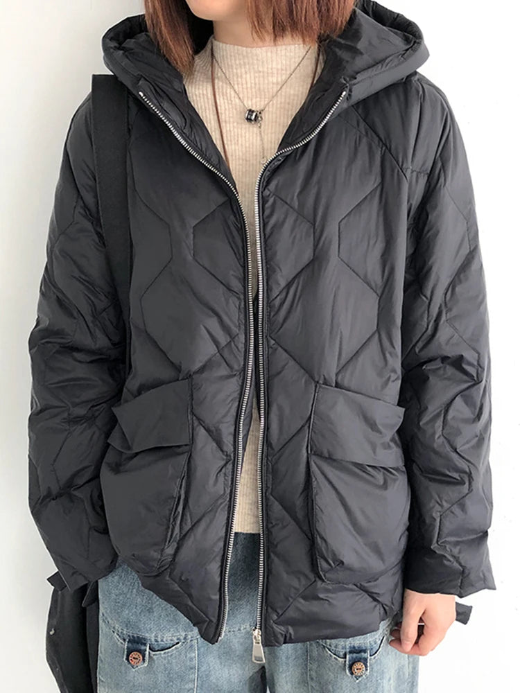 Fitaylor Winter Women White Duck Down Coat Casual Loose Solid Light Down Outwear Female Hooded Zipper Puffer Parka Jacket