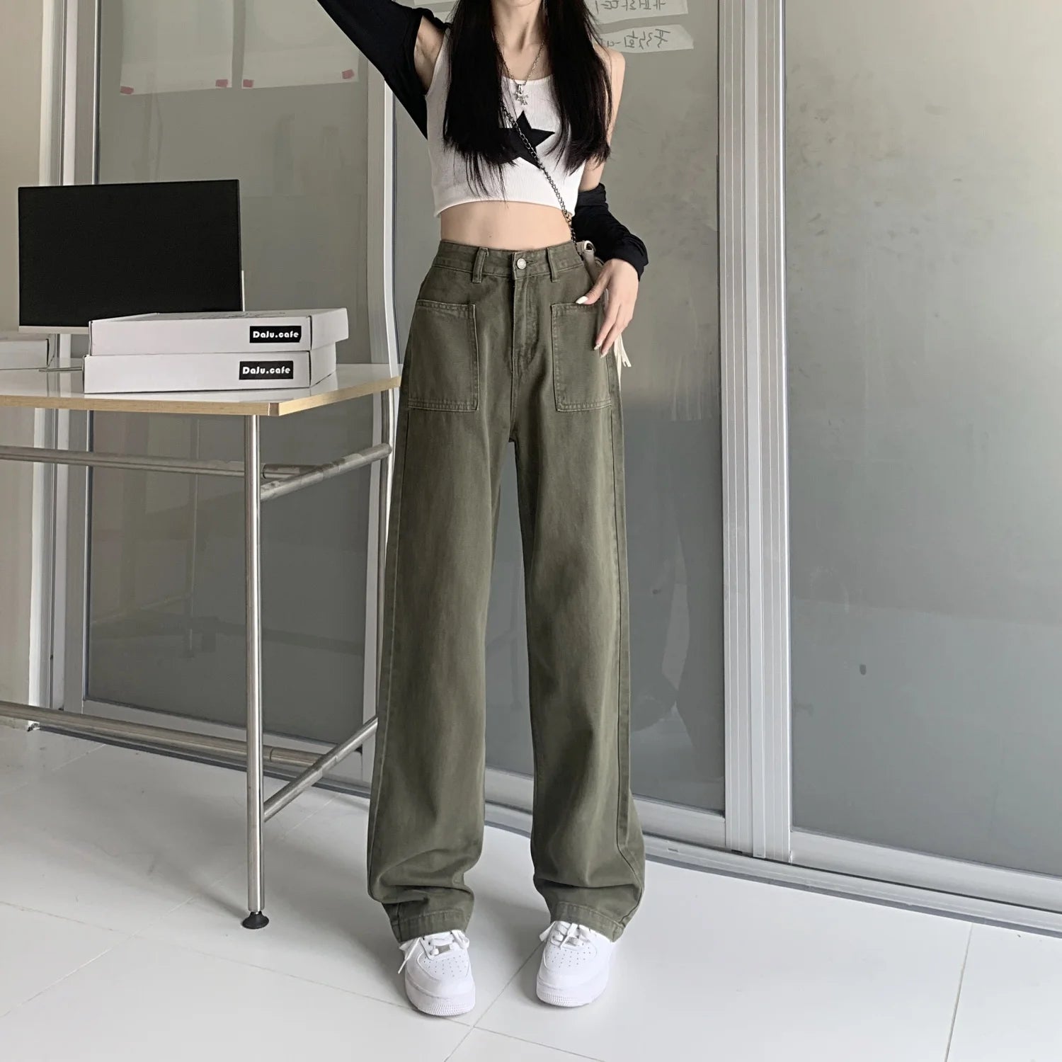 Military Green Jeans for Women High Waist Wide Legs Straight Leg Loose and Hanging Feeling Floor Length Pants High Street Trend - reetell