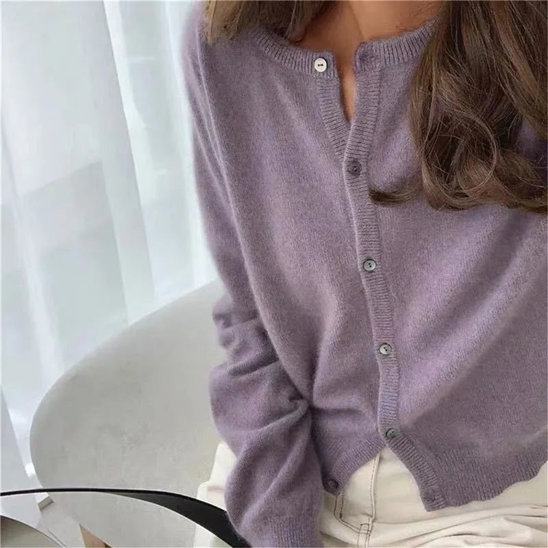 Solid Color Knitted Cardigan Women Korean Single Breasted Long Sleeve Jumper Woman Round Neck All Match Cardigans Outwear 2024 - reetell