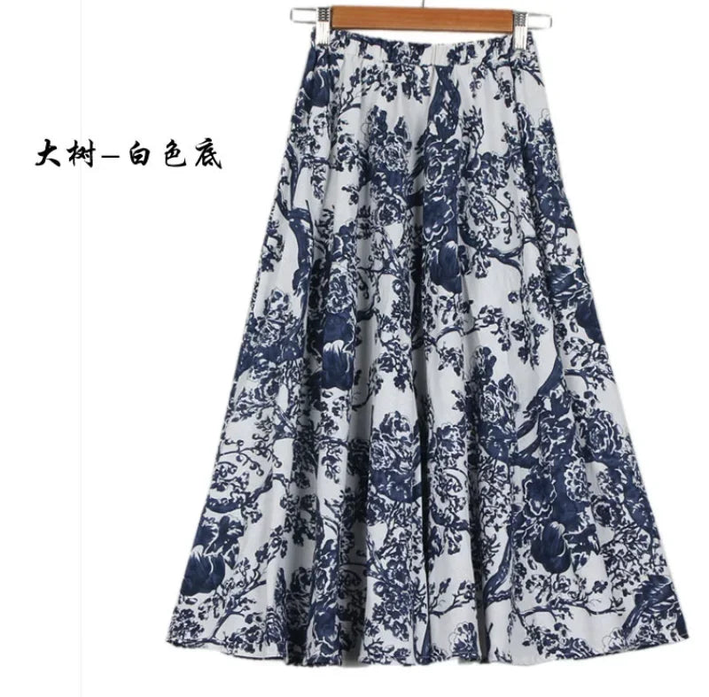 Fashion Summer Cotton Linen Women Skirt Saia Casual Vintage y2k Print Long Skirts Woman Clothes Bohemian Faldas Maxi Bottom Jupe - reetell