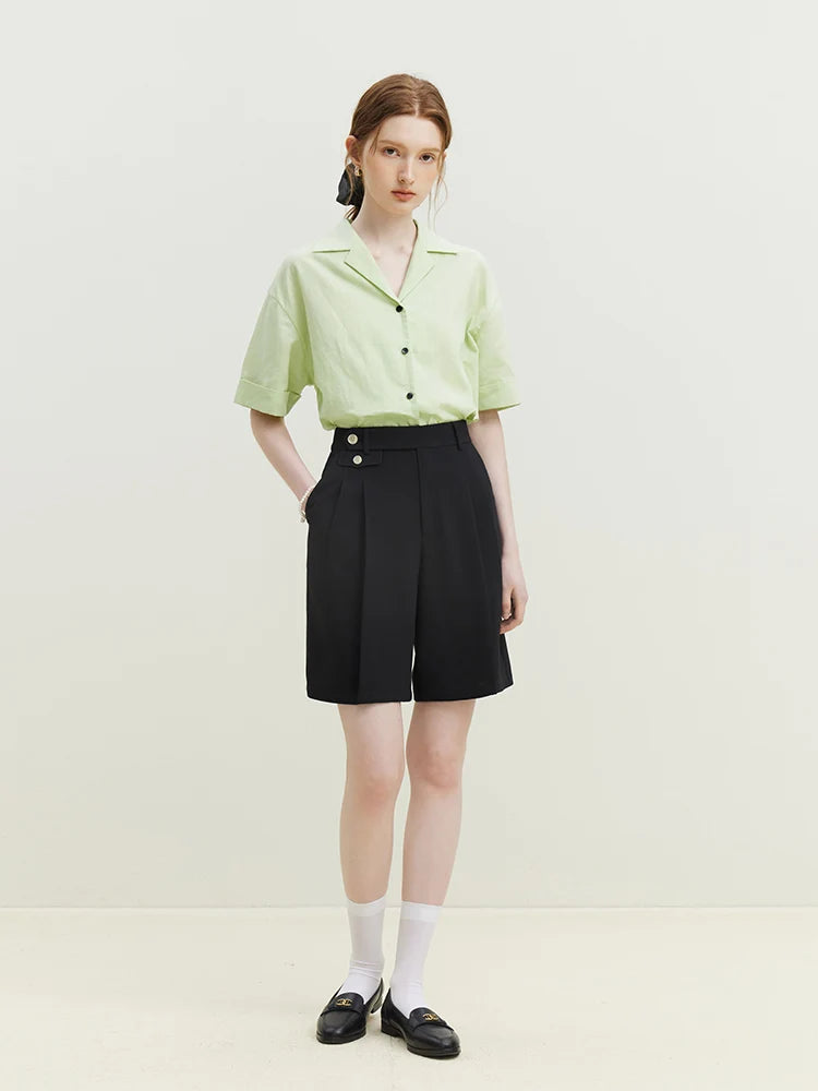 FSLE Office Lady Five-Point Suit Shorts High Waist Button Decoration Pleated Design Loose Solid Shorts Twill Commuter Bottoms - reetell