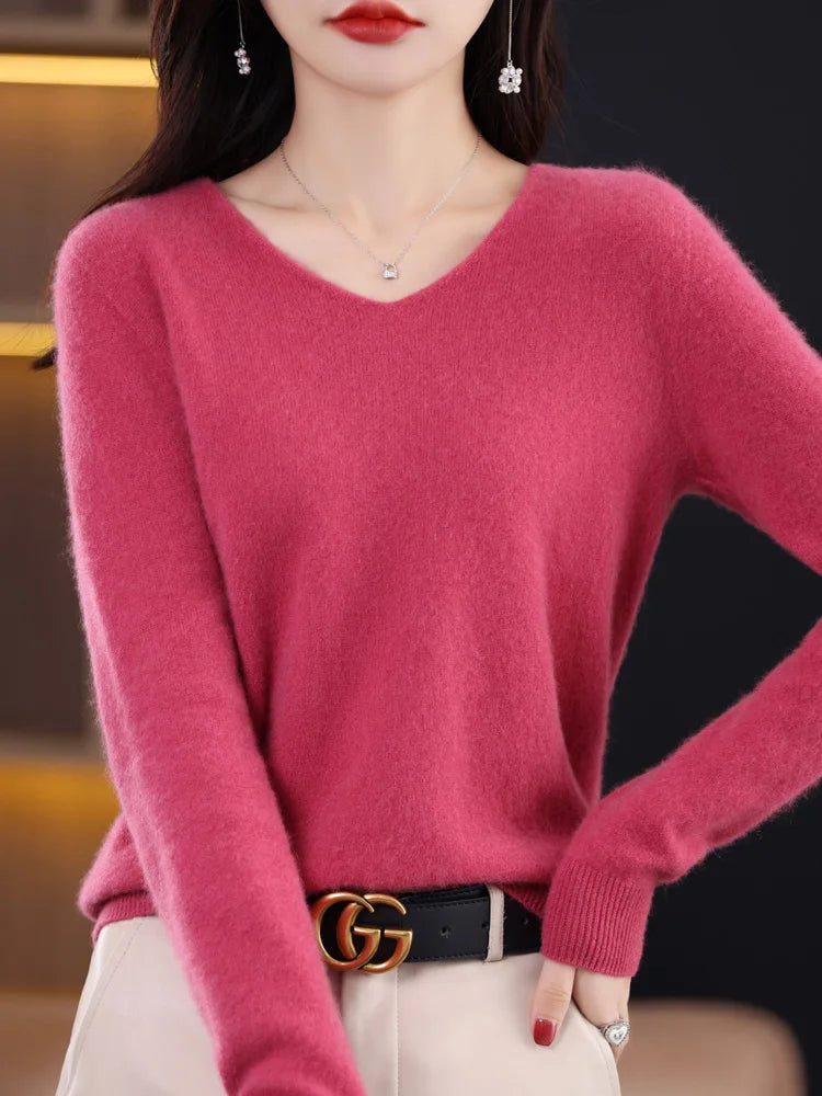 Aliselect Fashion Autumn Winter Basic 100% Merino Wool Sweater V-Neck Long Sleeve Women Knitted Pullover Cashmere Clothing Top - reetell