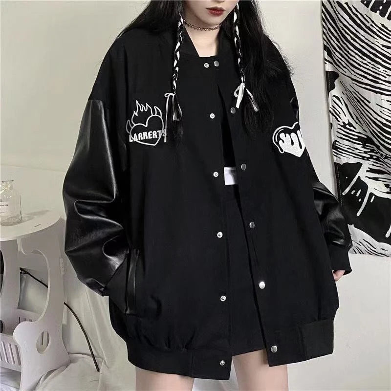 MEXZT Harajuku Black Coat Women Patchwork Bomber Jackets Bf Streetwear Korean Leather Print Oversized Casual Baseball Jacket