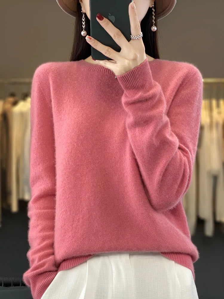 100% Merino Wool Sweater Women  Cashmere Pullover Knitwear Autumn Winter O-neck Solid Color Fashion Basic Female Clothes Tops - reetell