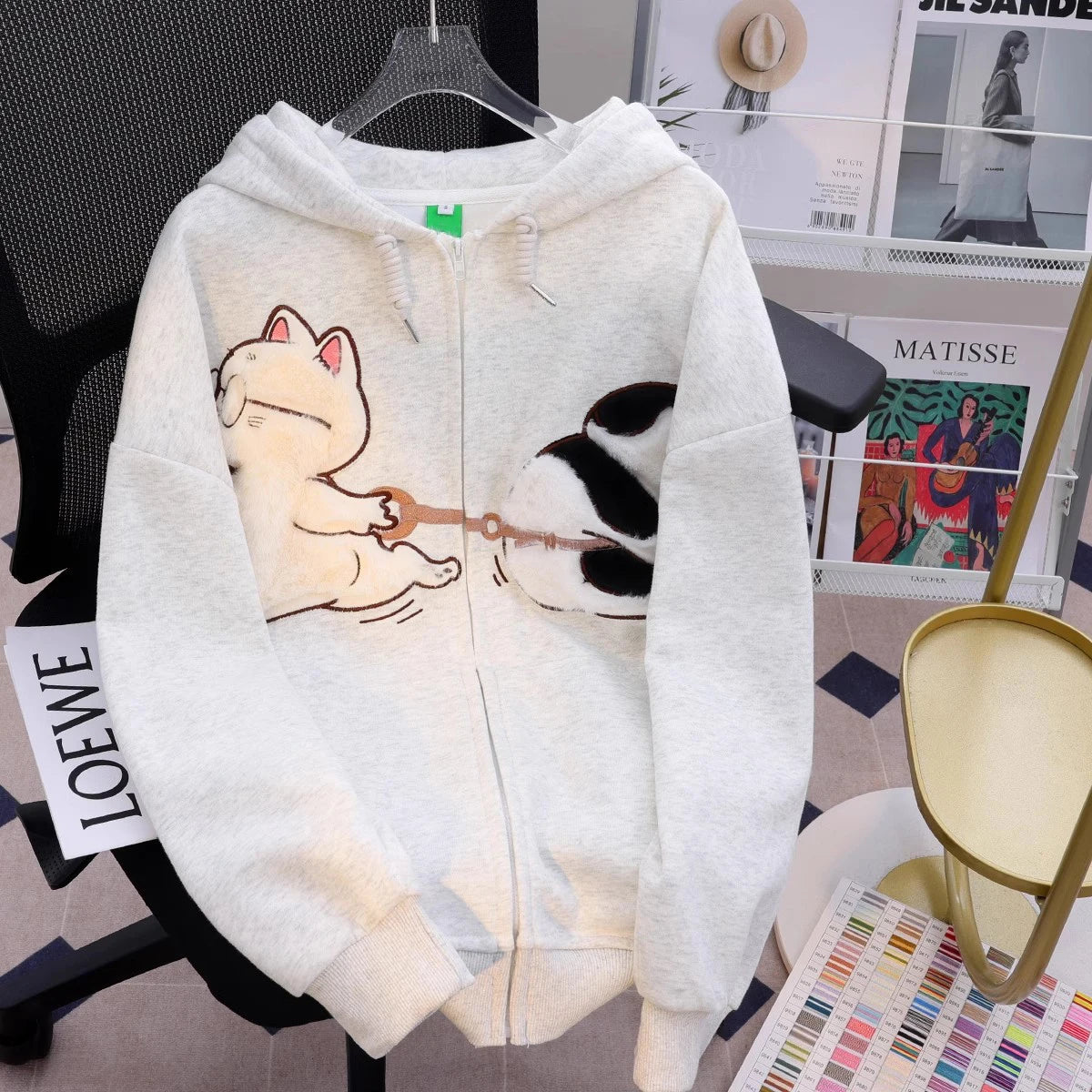 Korean New Design Embroidery Cartoon Hooded Coat Autumn Winter Cat Print Zip Up Women Man Hoodies Streetwear Couples Clothes Top - reetell