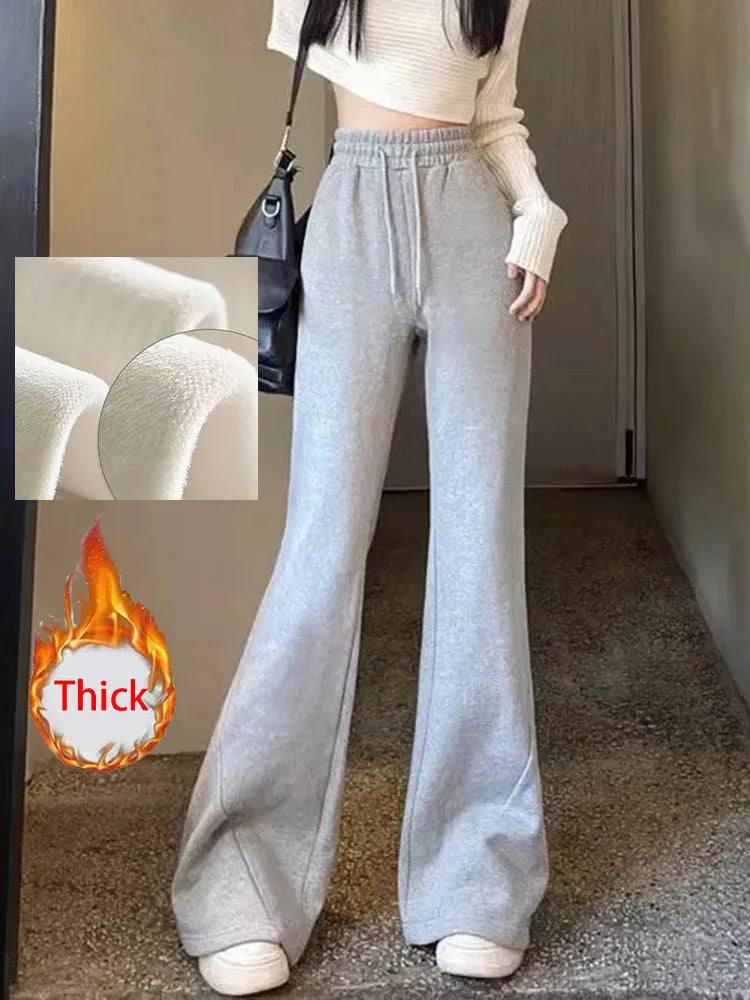 Zoki Korean Winter Thick Flare Pants Women Casual High Waist M-3Xl Grey Trousers Lace Up New Pockets Loose Streetwear Sweatpants - reetell