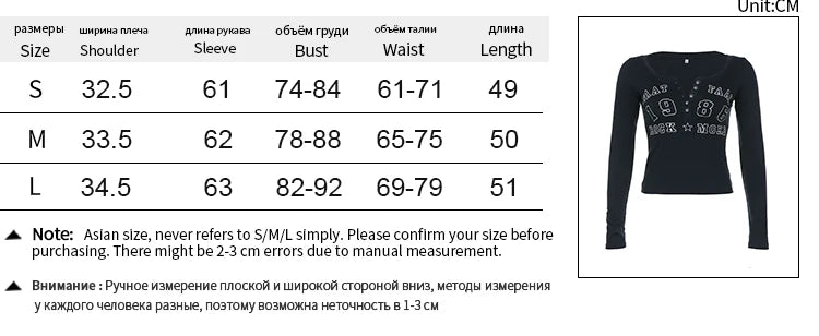 Black T-shirt Women Autumn Letter Print Streetwear Long Sleeves O-Neck Bodycon Sexy Top Button Fashion Casual Slim Tees Female - reetell