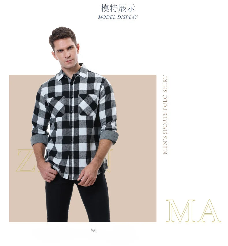 2023New Men Casual Plaid Flannel Shirt Long-Sleeved Chest Two Pocket Design Fashion Printed-Button