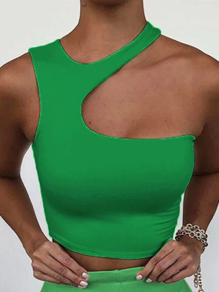 Cut Out Sexy Crop Off Shoulder Solid Skinny Sport Short Tops Women Tank Irregular Summer Tube Tops - reetell