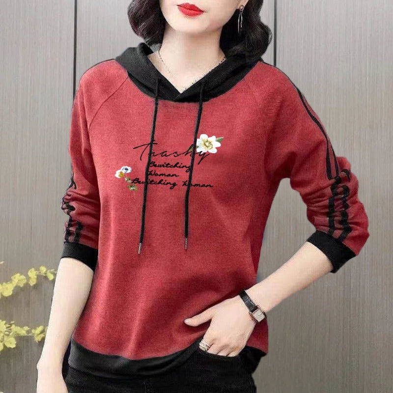 Spring and Autumn Women's Pullover Long Sleeve Hooded Print Stripe Letter Panel Drawstring Graphic Loose Fashion Casual Sweaters - reetell