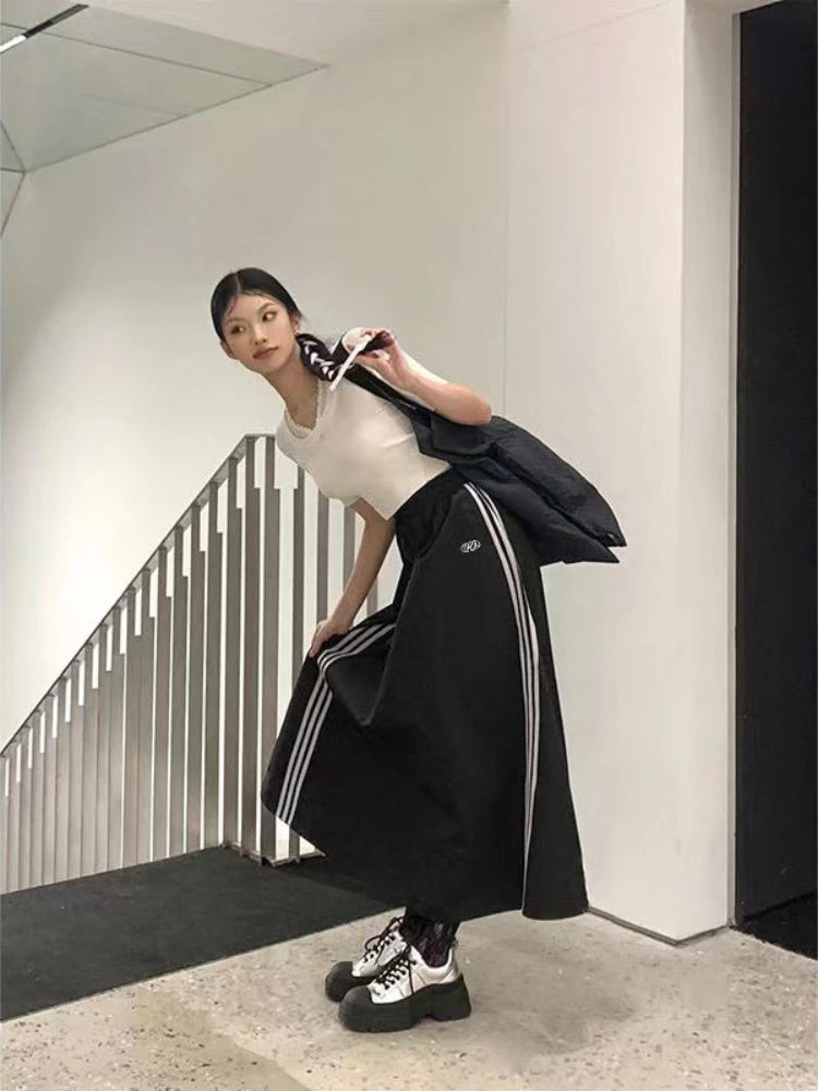 Y2K Parachute Skirt Women Vintage Streetwear Korean loose Side Striped Black Skirts New Casual Drawstring Aesthetics Skirt 2023 - reetell