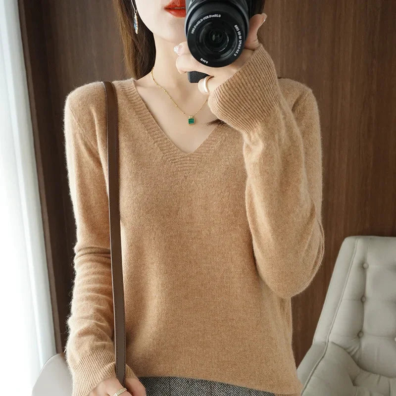 Women's Sweater 2024 Autumn Winter Knitted Pullovers V-neck Slim Fit Bottoming Shirt Solid Soft Knitwear Jumpers Basic Sweaters - reetell