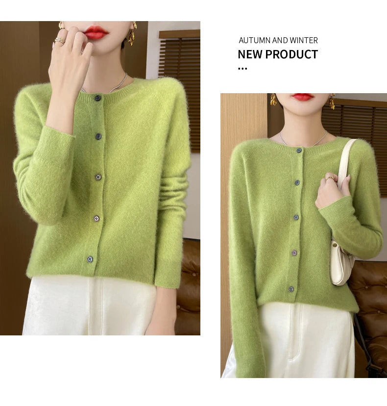 100% Merino Wool Long Sleeve Sweaters Cashmere Cardigan Spring Autumn Women O-Neck Knitwear Tops Clothing Fashion Basic Tops - reetell