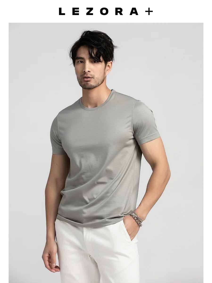 Summer Men Mulberry Silk Mercerized Cotton T Shirt V-neck Loose Short Sleeve Basic T-shirts 7%Silk