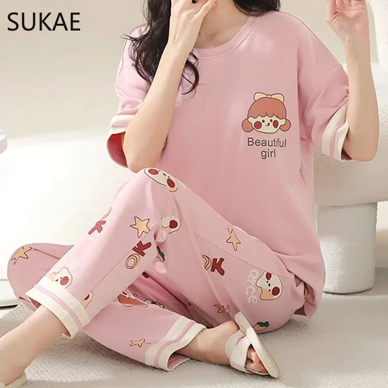 SUKAE Summer Women Pajamas Set Plus Size M-5XL Cotton Women's Pajama Short Sleeves Nightwear Sleepwear Korean Pijamas for Girl