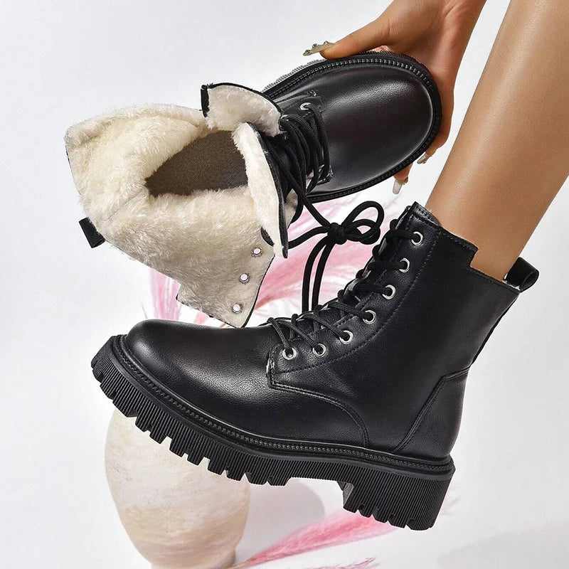 Winter Warm Short Plush Ankle Boots Women Fashion Zip Lace Up Platform Combat Boots Woman Comfy Low Heels Pu Leather Botas Mujer