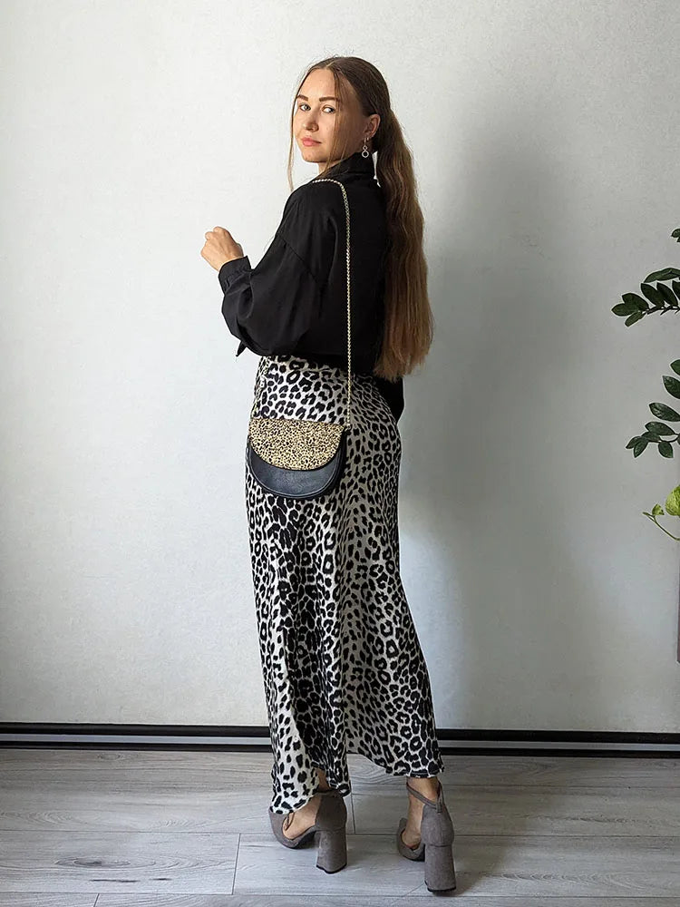 MiuKoMiYa Autumn Satin Leopard Print Maxi Skirt Women High Waist A Line Office Slim Long Leopard Skirt For Women Elegant 2024 - reetell