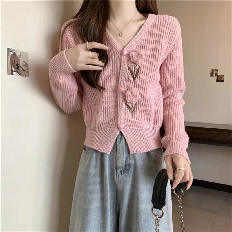 Heavy Industry Beautiful Flowers Knitted Cardigan Sweater Women Slim In Autumn And Winter With Small Cardigan V-neck Short Coat - reetell