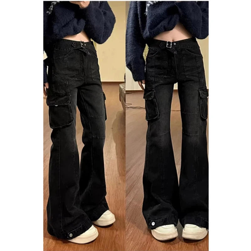 Women Black Gothic Cargo Flare Jeans Emo 2000s Vintage High Waist Baggy Denim Trousers Y2k Harajuku 90s Aesthetic Pants Clothes - reetell