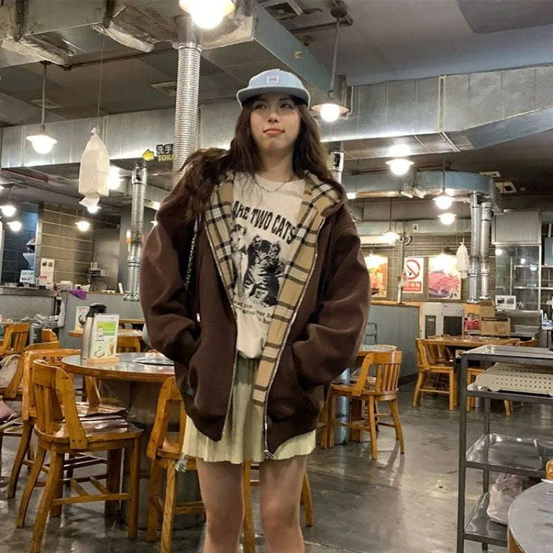 Women Vintage Zip Print Hoodies Harajuku Casual Oversized Splicing Plaid Loose Sweatshirt Medium Length Popular Cardigan Jacket - reetell