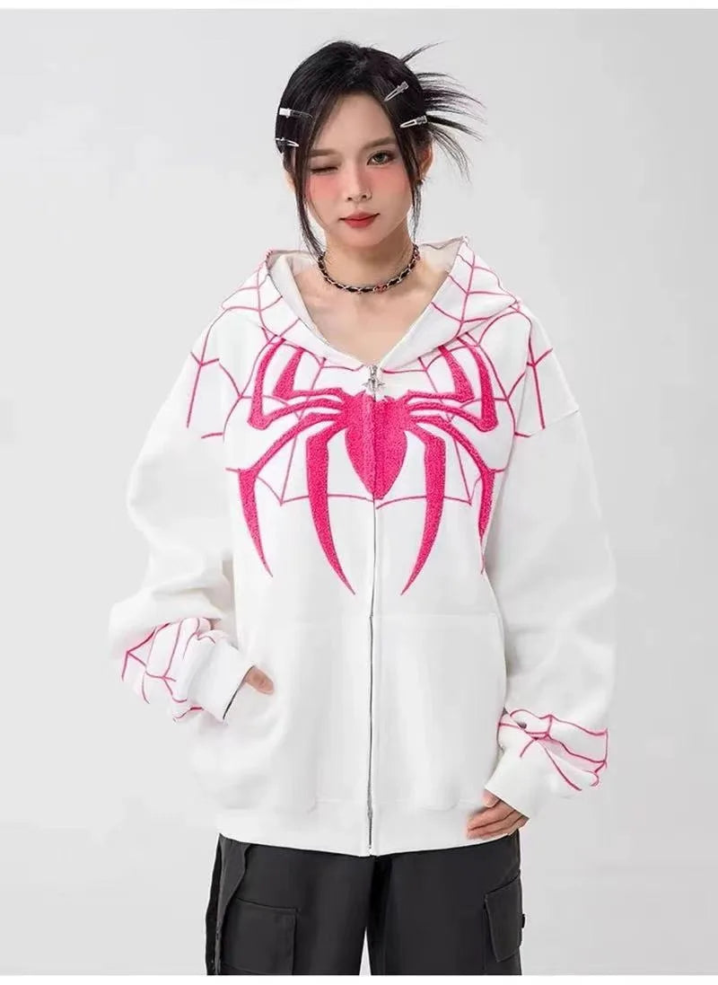 Gothic Y2k Anime Embroidery Zipper Spider Hoodies Men Sweatshirt Clothes Harajuku Oversize Hip Hop Long Sleeve Hoodie Men Women - reetell