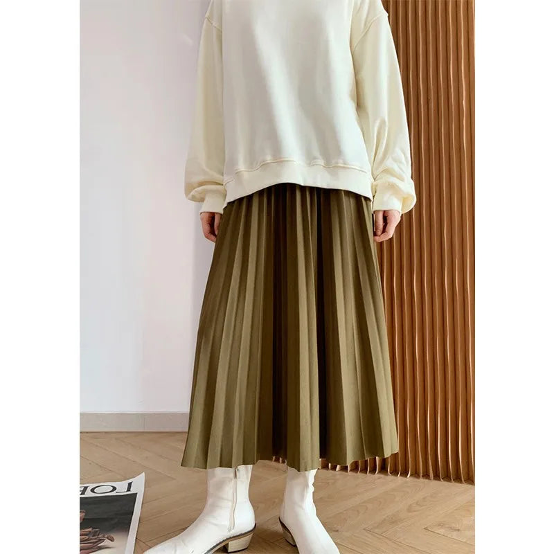 2023 Women Elegant Pleated Skirt High Waist Women Mid-long Skirt Female Ladies High Quality Women Midi Skirt Black Saia - reetell