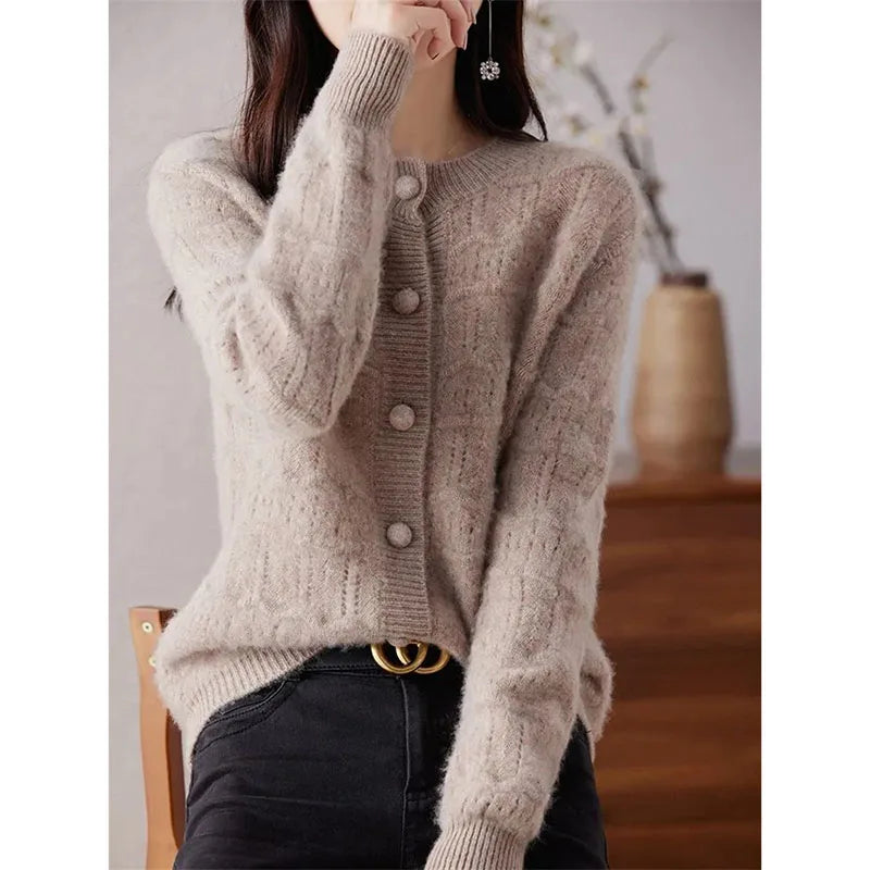 New Autumn And Winter Sweater Cardigan Jacket Women Fashion Sweet Wearing Solid Color Round Neck Sweater Top Bottoming Shirt - reetell