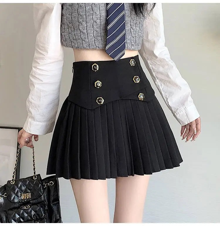 Pleated Skirt New Spring Autumn All-match Buttons Solid Color High Waist A-line Skirt Femme Preppy Style Pleated Trend Skirts - reetell