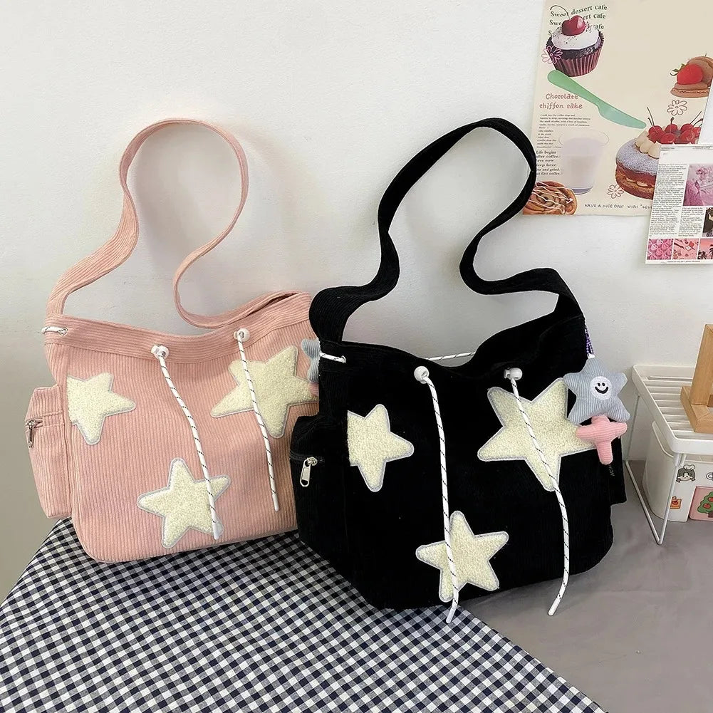 Women Star Pattern Corduroy Crossbody Bag Casual Tote Lady Simple Large Capacity Shoulder Bag Girl Travel School Bookbag Handbag