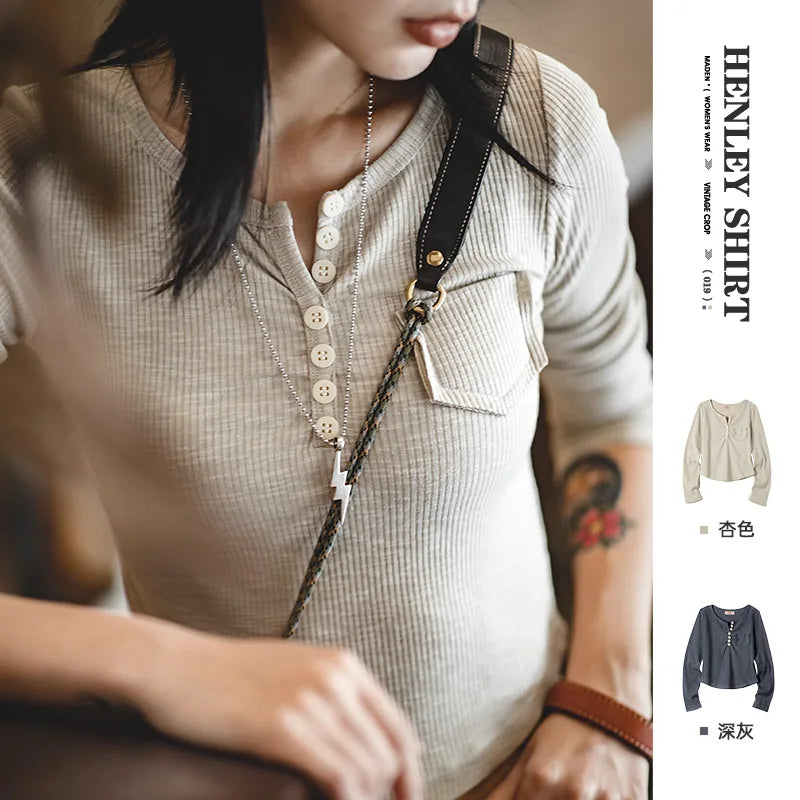 Maden Vintage Henley Shirt for Women Long-sleeved T-shirt Basic Knitwear Top Female Slim Bottom Shirts Dark Gray Tees Pullover - reetell