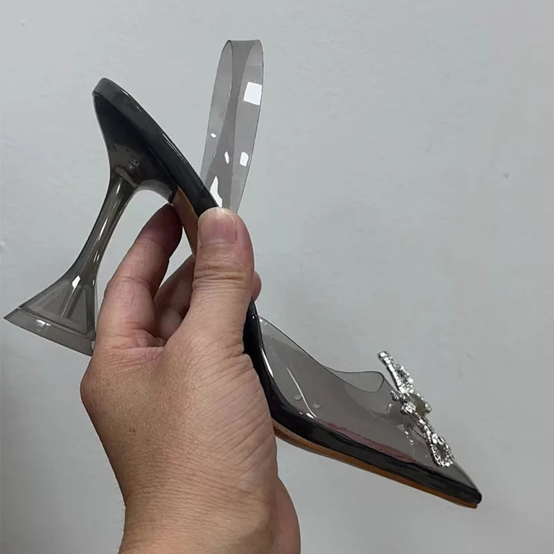 Fashion Transparent Soft PVC Women Pumps Luxury Rhinestones Bowknot Slingbacks High heels Spring Summer Wedding Party Shoes