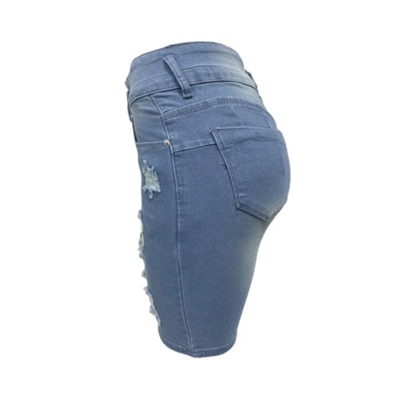 Fashion Slim Sexy Hip Lift Denim Shorts Women Three Buttons Splice High Waist Three Quarter Pants Female Broken Holes Mini Jeans - reetell