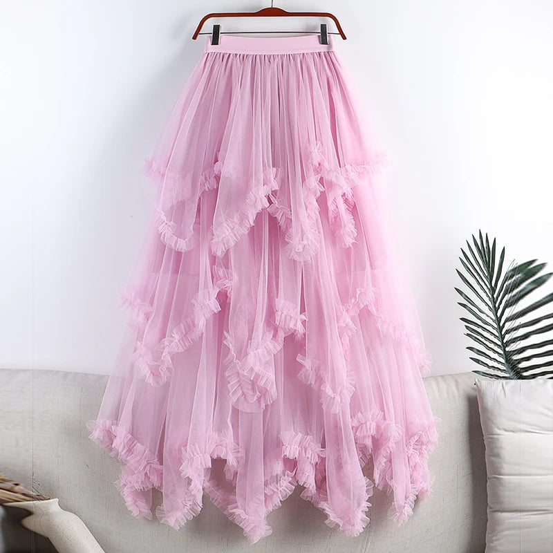 TIGENA Tutu Tulle Long Skirt for Women 2023 New Summer Korean Aesthetic Cute Irregular Mesh High Waist Maxi Skirt Female Purple - reetell